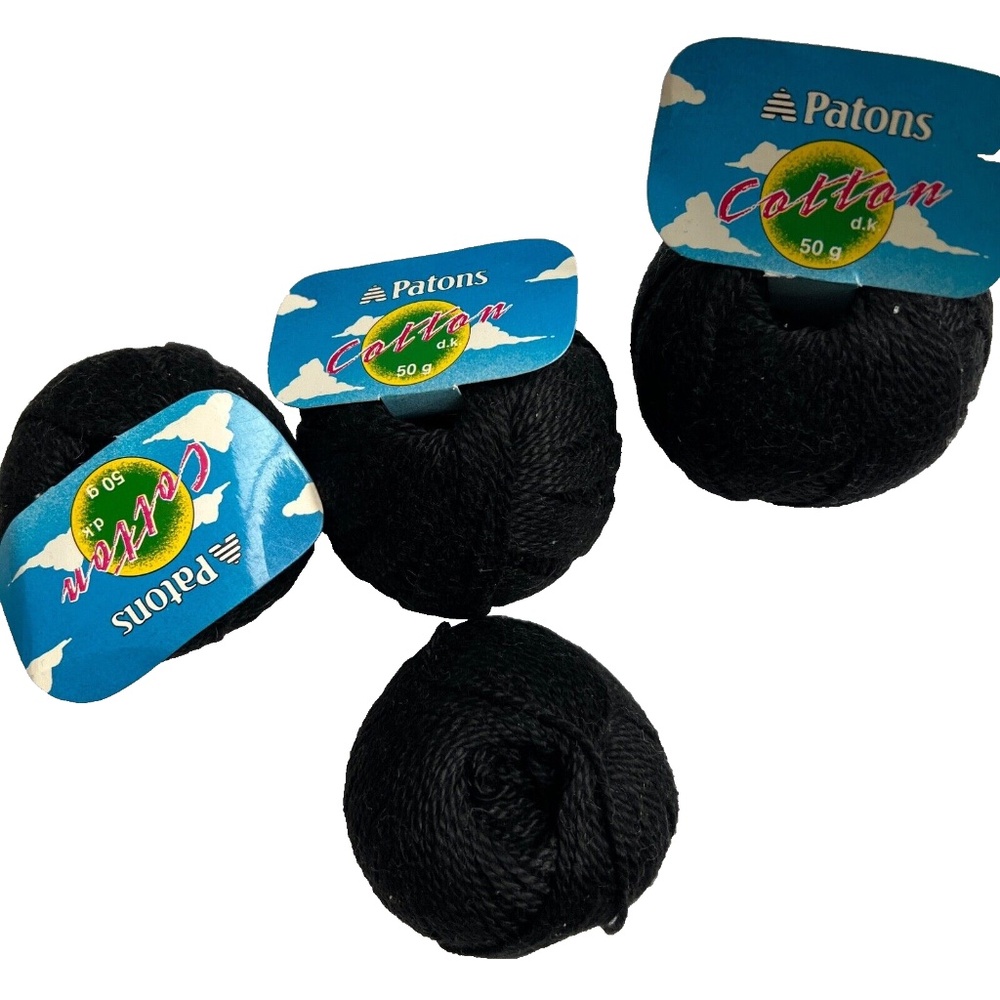 Lot of 4 Balls Patons 100% Cotton DK Yarn Black 50 g each 116 Yards Made Brazil